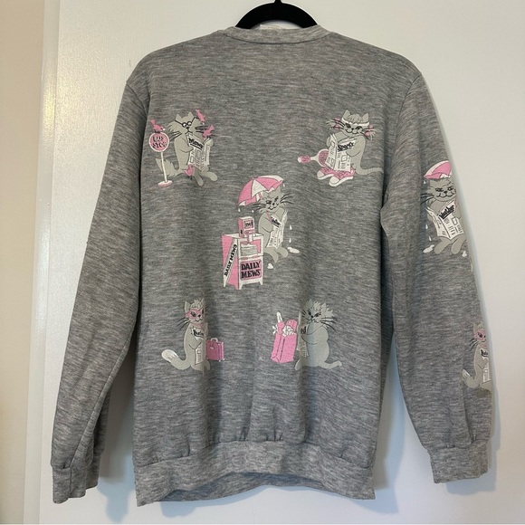 Vintage Spumoni Novelty Cats Reading Sweatshirt Womens Medium Gray White Pink - Picture 12 of 12